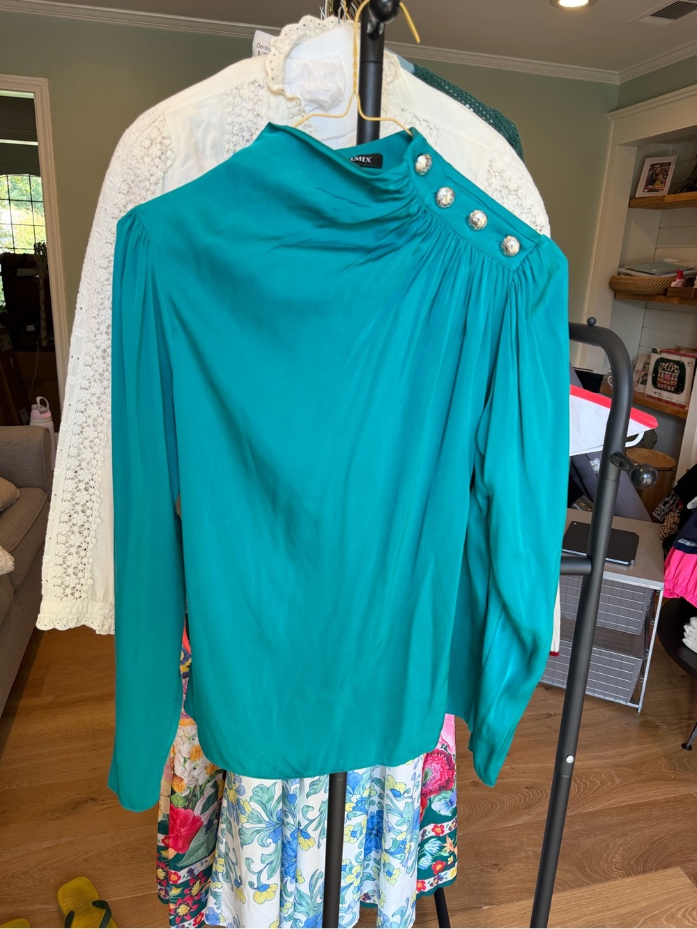 INTERMIX Teal High-Neck Blouse with Shoulder Buttons